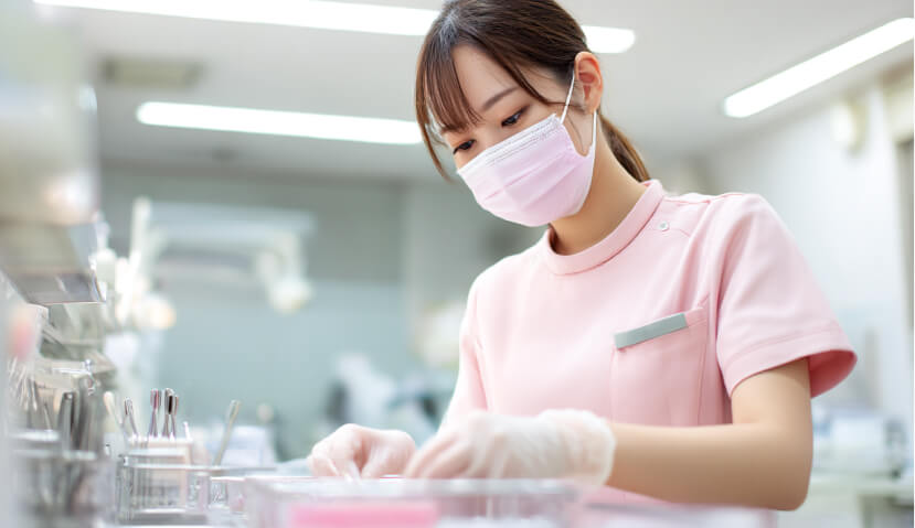 インプラント手術の準備をする歯科衛生士